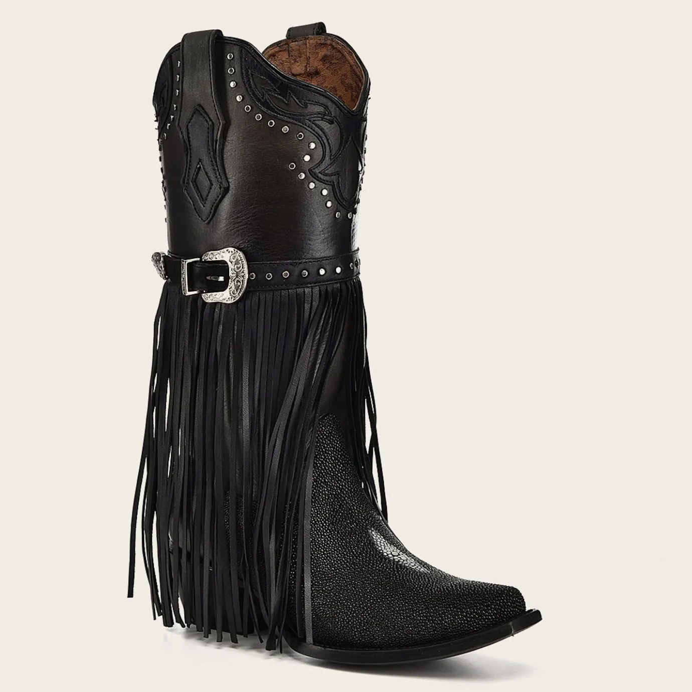 Women Cuadra Western Boots-Black Exotic Leather Fringed Cowboy Boot