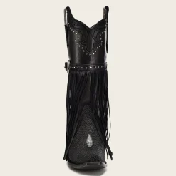 Women Cuadra Western Boots-Black Exotic Leather Fringed Cowboy Boot