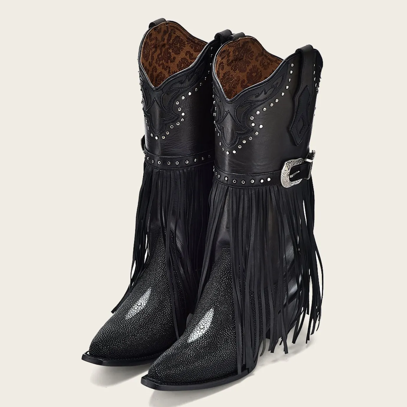 Women Cuadra Western Boots-Black Exotic Leather Fringed Cowboy Boot