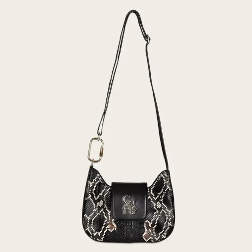 Women Cuadra Crossbody Bags-Black Exotic Leather Shoulder Bag With Handmade Interweaving Detail