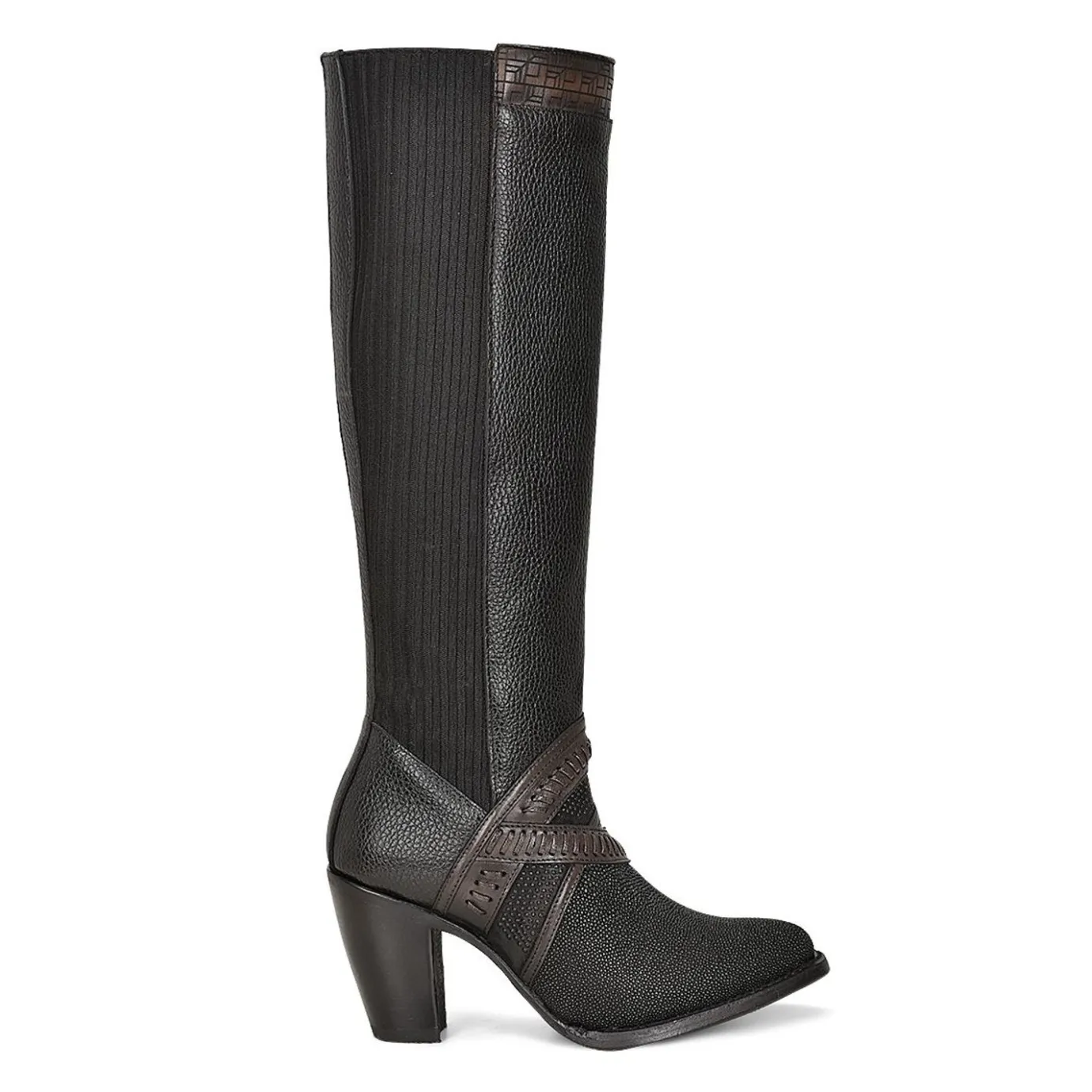 Women Cuadra Tall & Knee-High Boots-Black Exotic Riding Boot With Hand-Woven Details