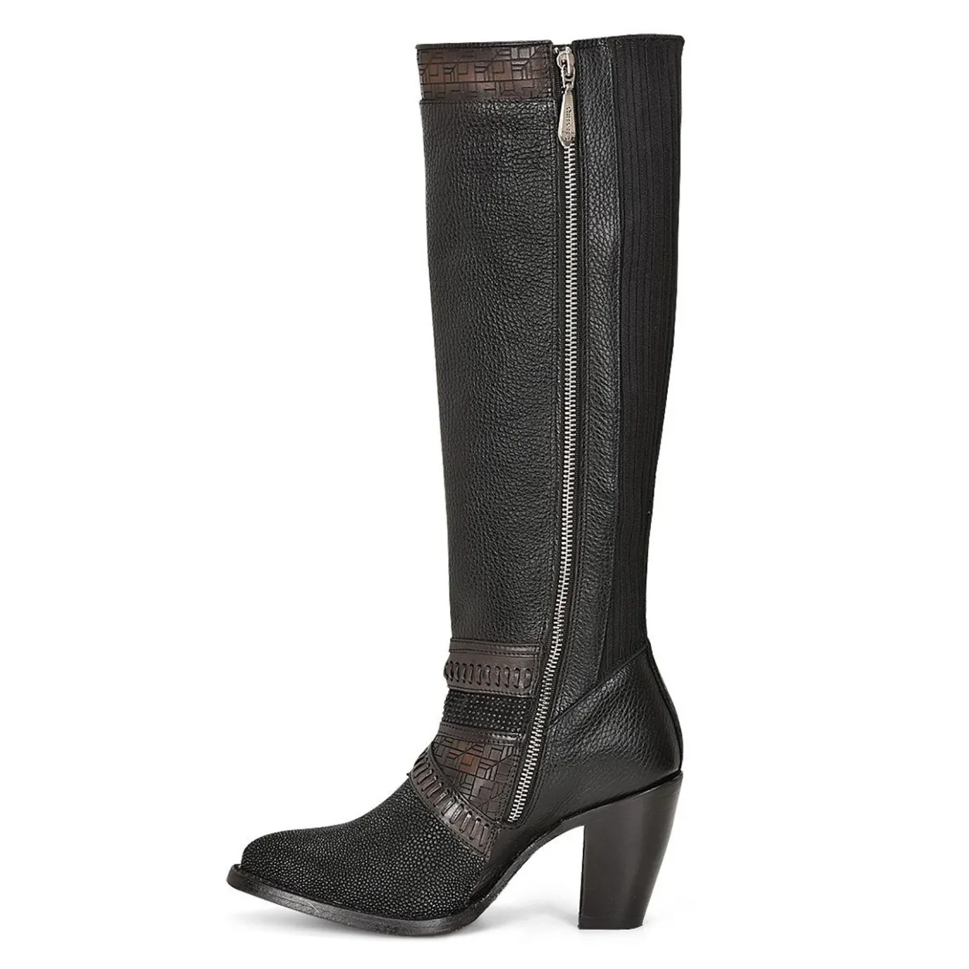 Women Cuadra Tall & Knee-High Boots-Black Exotic Riding Boot With Hand-Woven Details