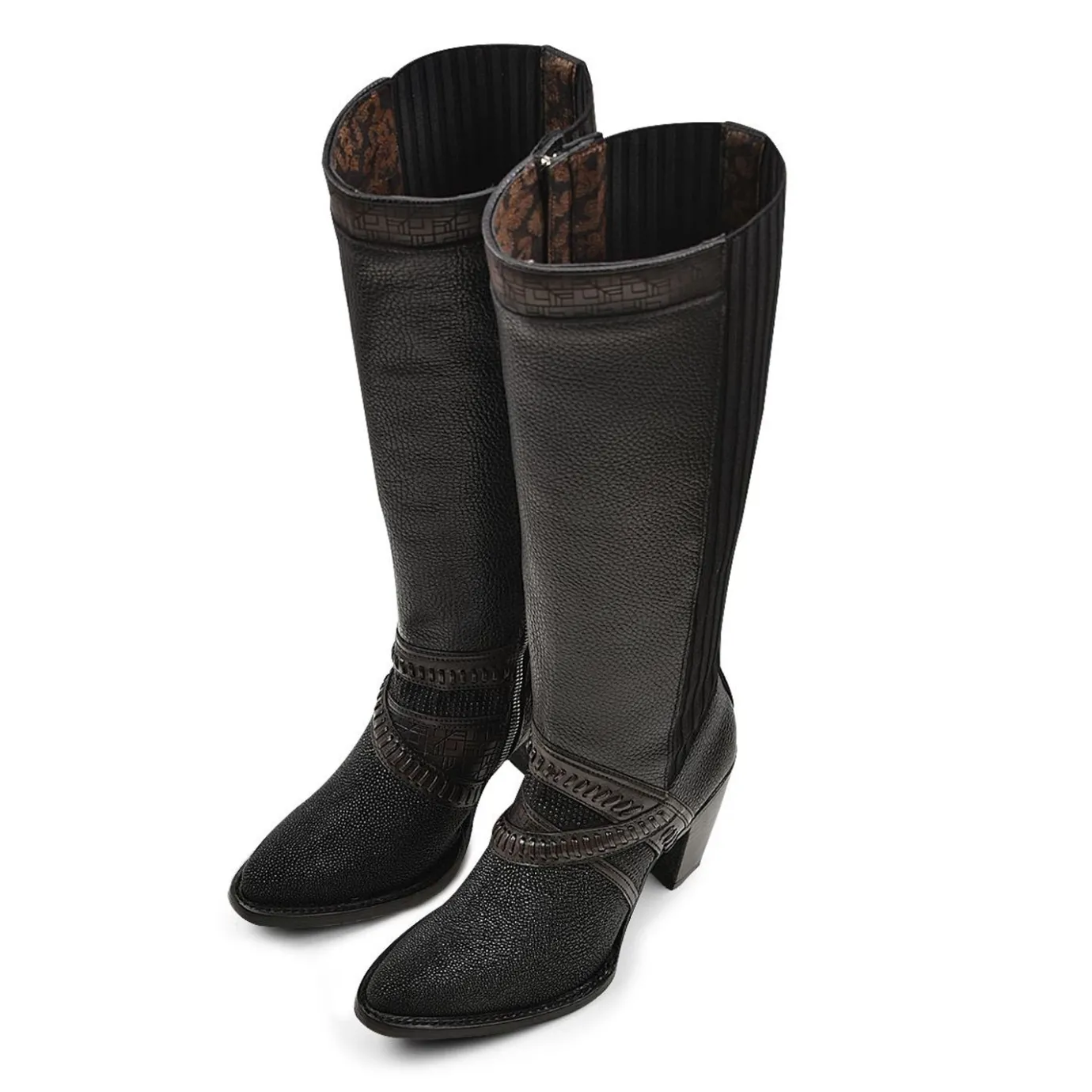 Women Cuadra Tall & Knee-High Boots-Black Exotic Riding Boot With Hand-Woven Details