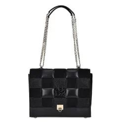 Women Cuadra Crossbody Bags-Black Genuine Exotic Leather Handbag With Chain Strap