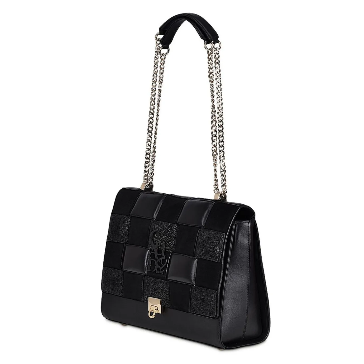 Women Cuadra Crossbody Bags-Black Genuine Exotic Leather Handbag With Chain Strap
