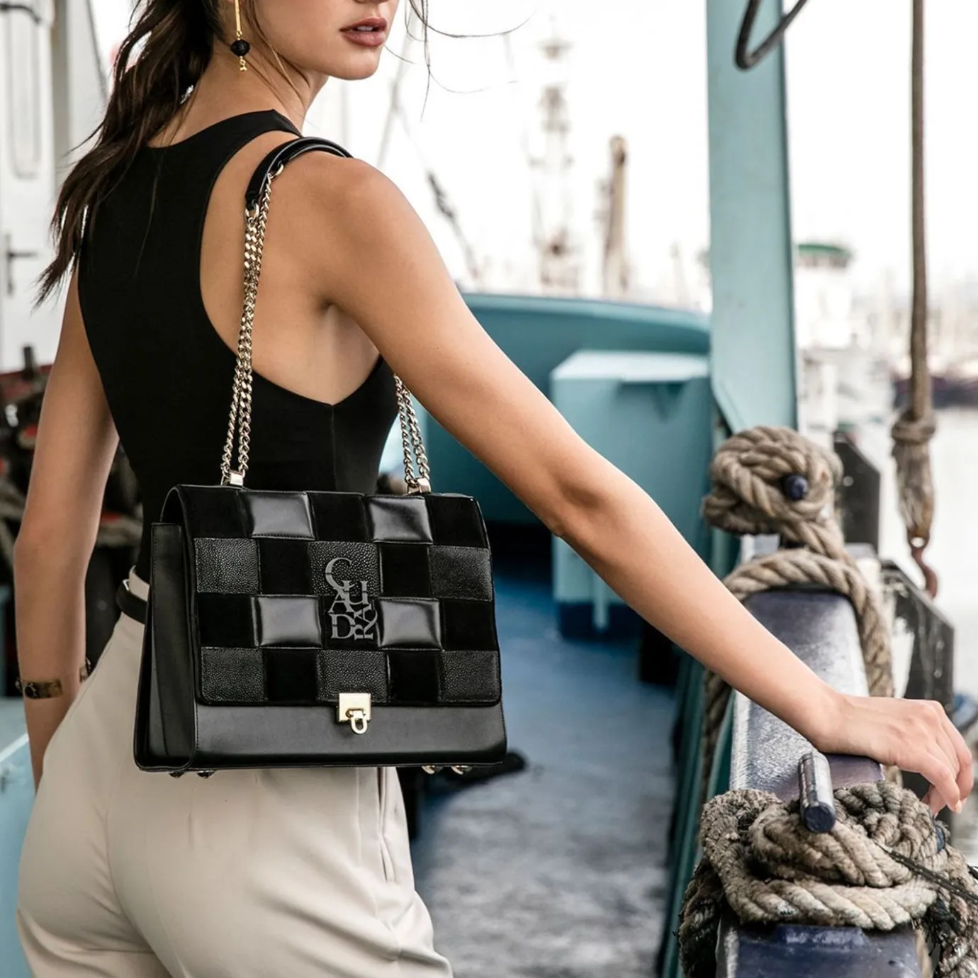 Women Cuadra Crossbody Bags-Black Genuine Exotic Leather Handbag With Chain Strap