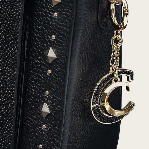Women Cuadra Crossbody Bags-Black Genuine Stingray Leather Studs Handbag