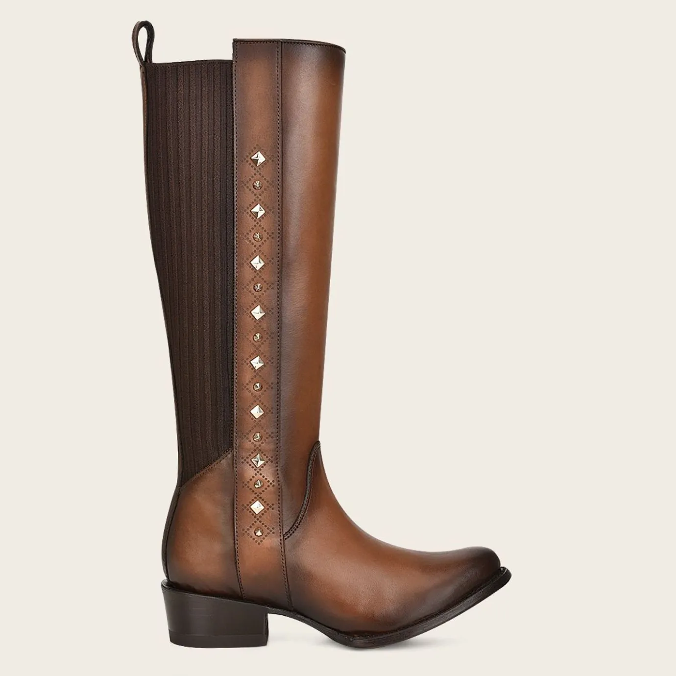 Women Cuadra Tall & Knee-High Boots-Brown High Boot With Laser Engraving And Studs