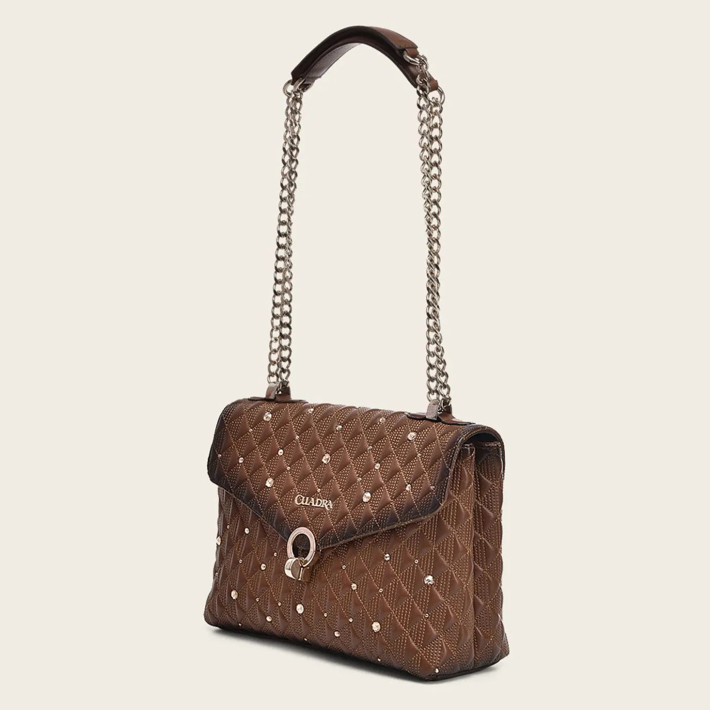 Women Cuadra Crossbody Bags-Brown Leather Crossbody Bag With Doble Chain Handle