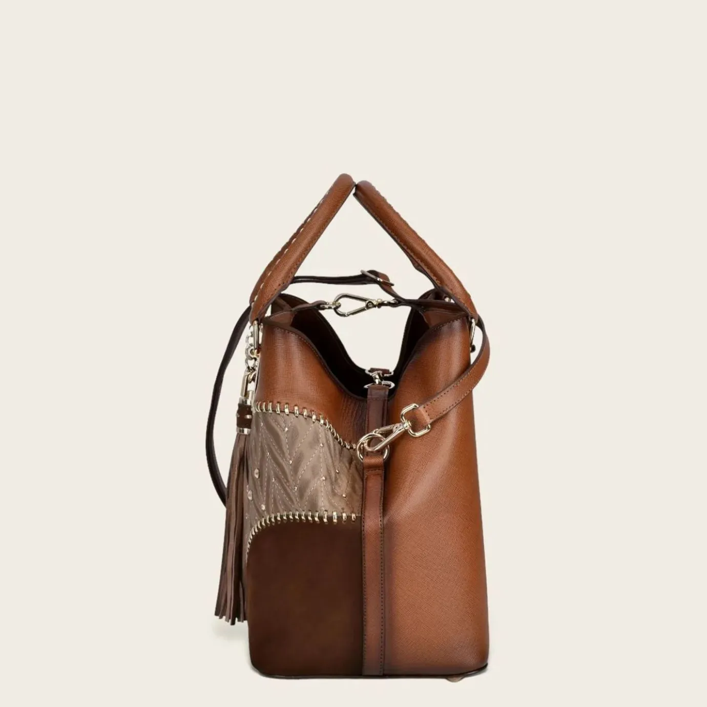 Women Cuadra Top Handle & Satchel Bags-Brown Leather Tote Bag With Contrasting Geometric Motifs