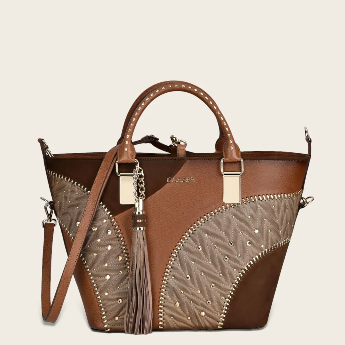Women Cuadra Top Handle & Satchel Bags-Brown Leather Tote Bag With Contrasting Geometric Motifs