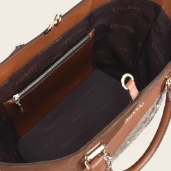 Women Cuadra Top Handle & Satchel Bags-Brown Leather Tote Bag With Contrasting Geometric Motifs