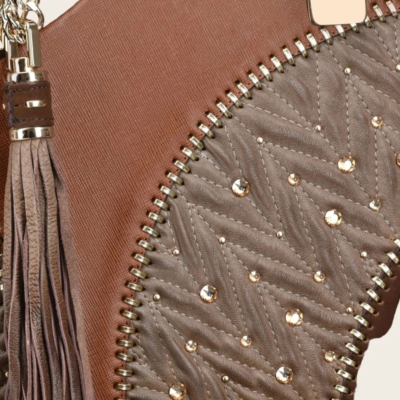 Women Cuadra Top Handle & Satchel Bags-Brown Leather Tote Bag With Contrasting Geometric Motifs