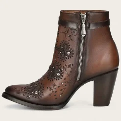 Women Cuadra Ankle Boots & Booties-Brown Perforated And Embroidery Bootie With Crystals