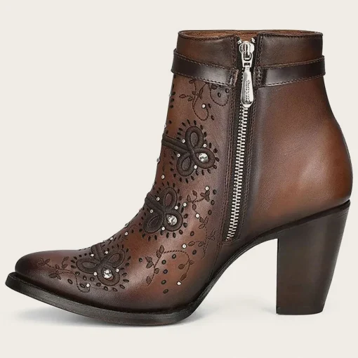 Women Cuadra Ankle Boots & Booties-Brown Perforated And Embroidery Bootie With Crystals