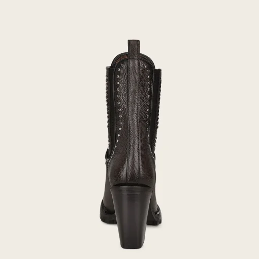 Women Cuadra Ankle Boots & Booties-Dark Brown Leather Urban Bootie With Hand Made Fabric And Studs