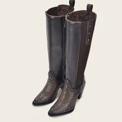 Women Cuadra Tall & Knee-High Boots-Dark Brown Tall Boot With Austrian Crystals Detail