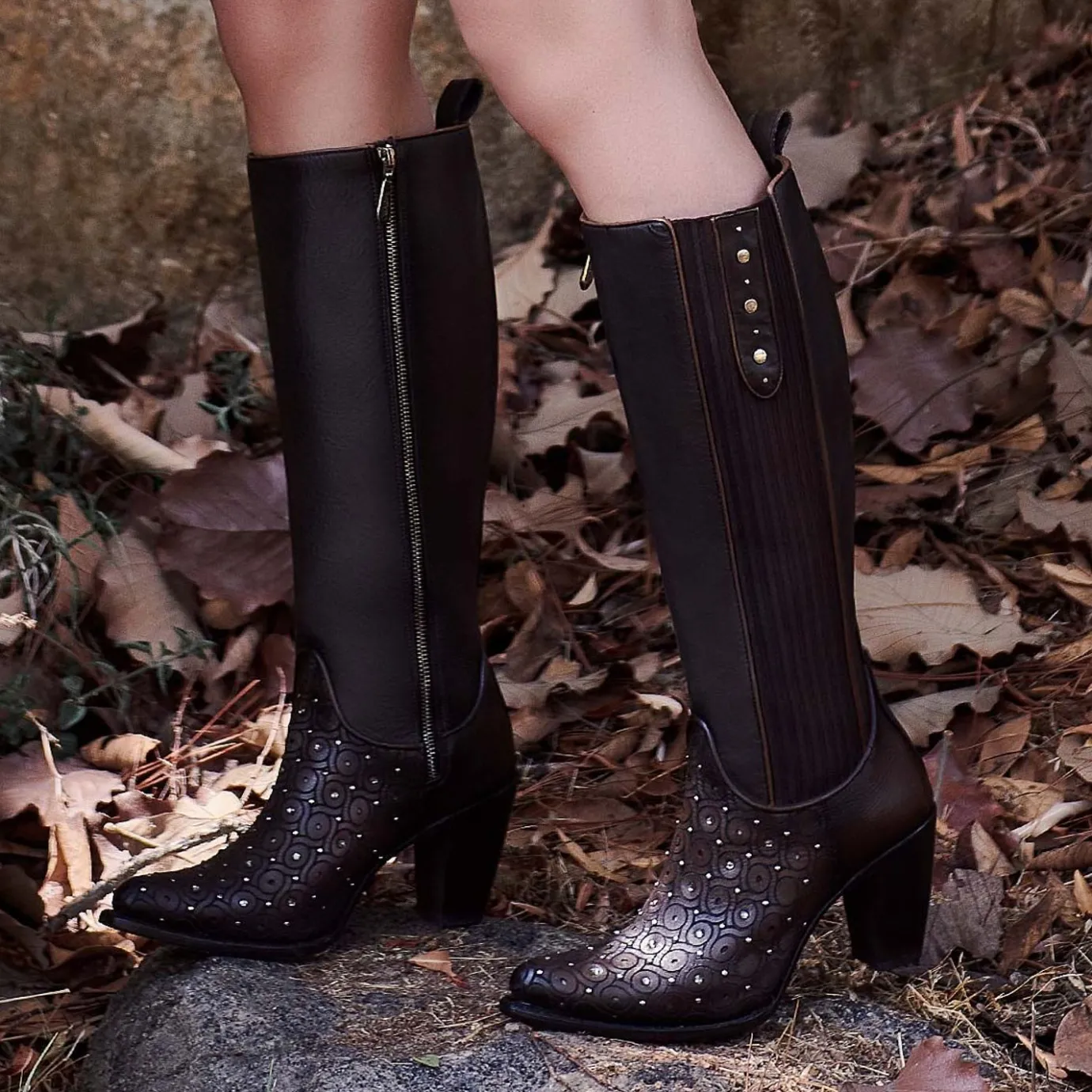 Women Cuadra Tall & Knee-High Boots-Dark Brown Tall Boot With Austrian Crystals Detail