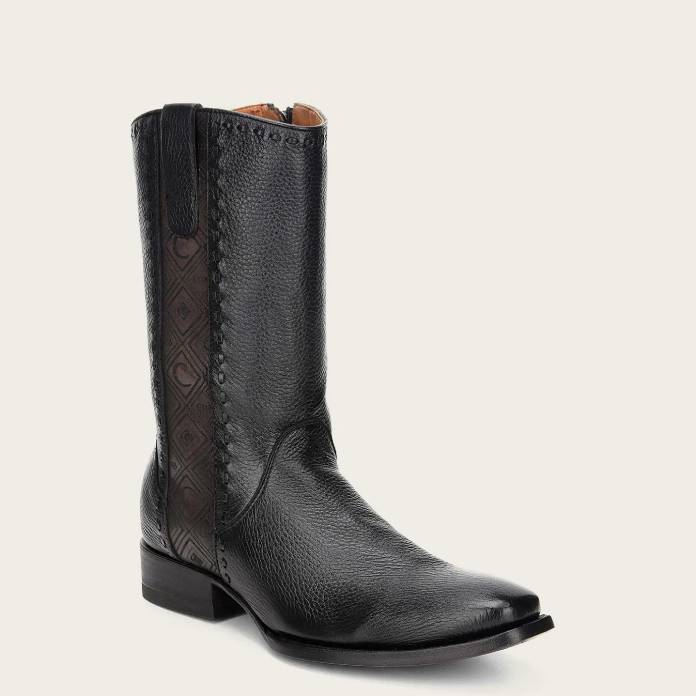 Men Cuadra Dress Boots-Dress Cowboy Boots, Engraved Black Deer Leather