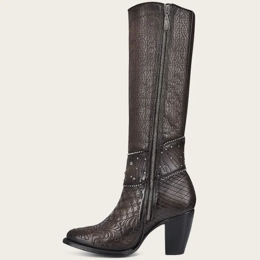 Women Cuadra Tall & Knee-High Boots-Embroidered Dark Brown Leather Boot With Austrian Crystals