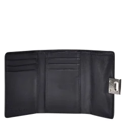 Women Cuadra Wallets-Engraved Black Leather Trifold Wallet