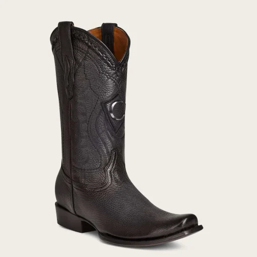 Men Cuadra Western Boots-Engraved Cowboy Black Leather Boots With Metallic Monogram