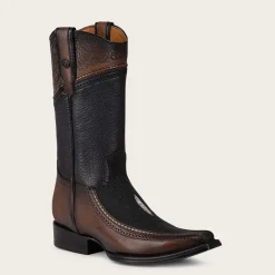 Men Cuadra Western Boots-Engraved Exotic Black Leather Cowboy Boots