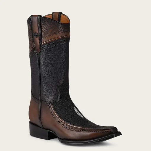 Men Cuadra Western Boots-Engraved Exotic Black Leather Cowboy Boots