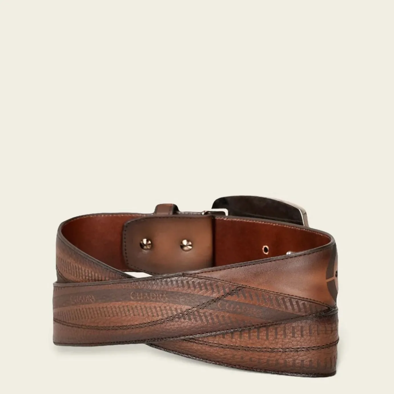 Men Cuadra Belts-Engraved Honey Brown Leather Western Belt With Black And Silver Monogram