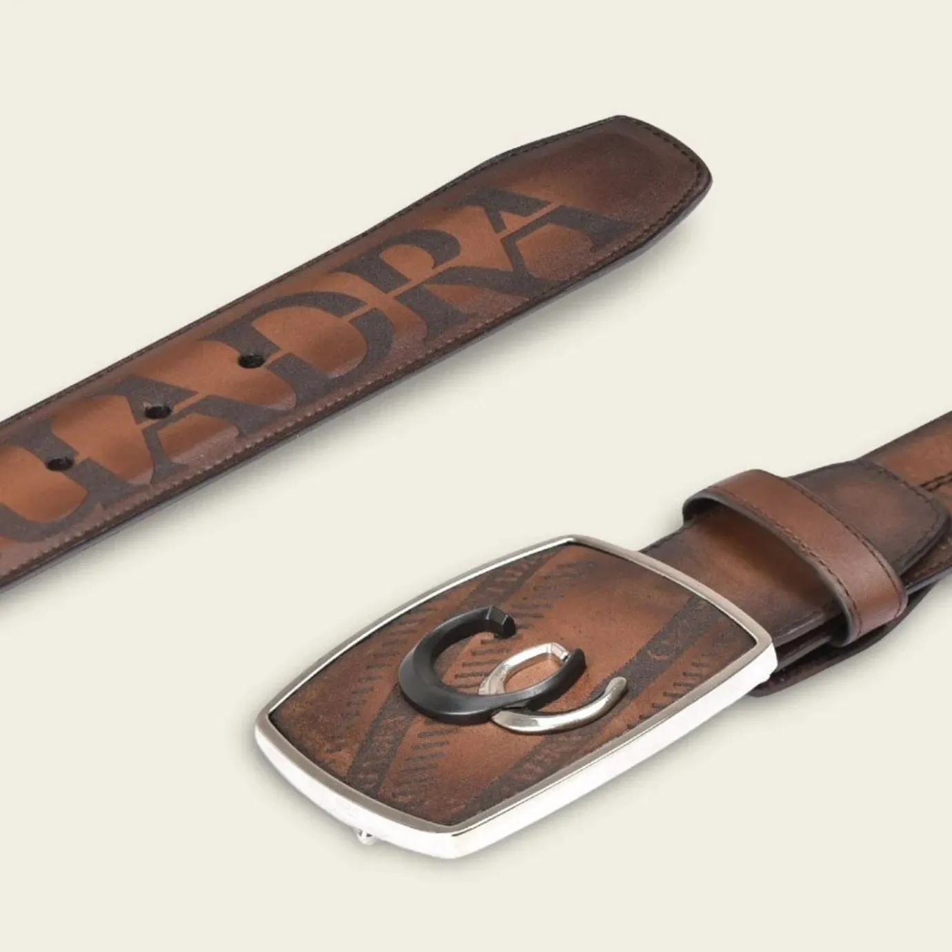 Men Cuadra Belts-Engraved Honey Brown Leather Western Belt With Black And Silver Monogram