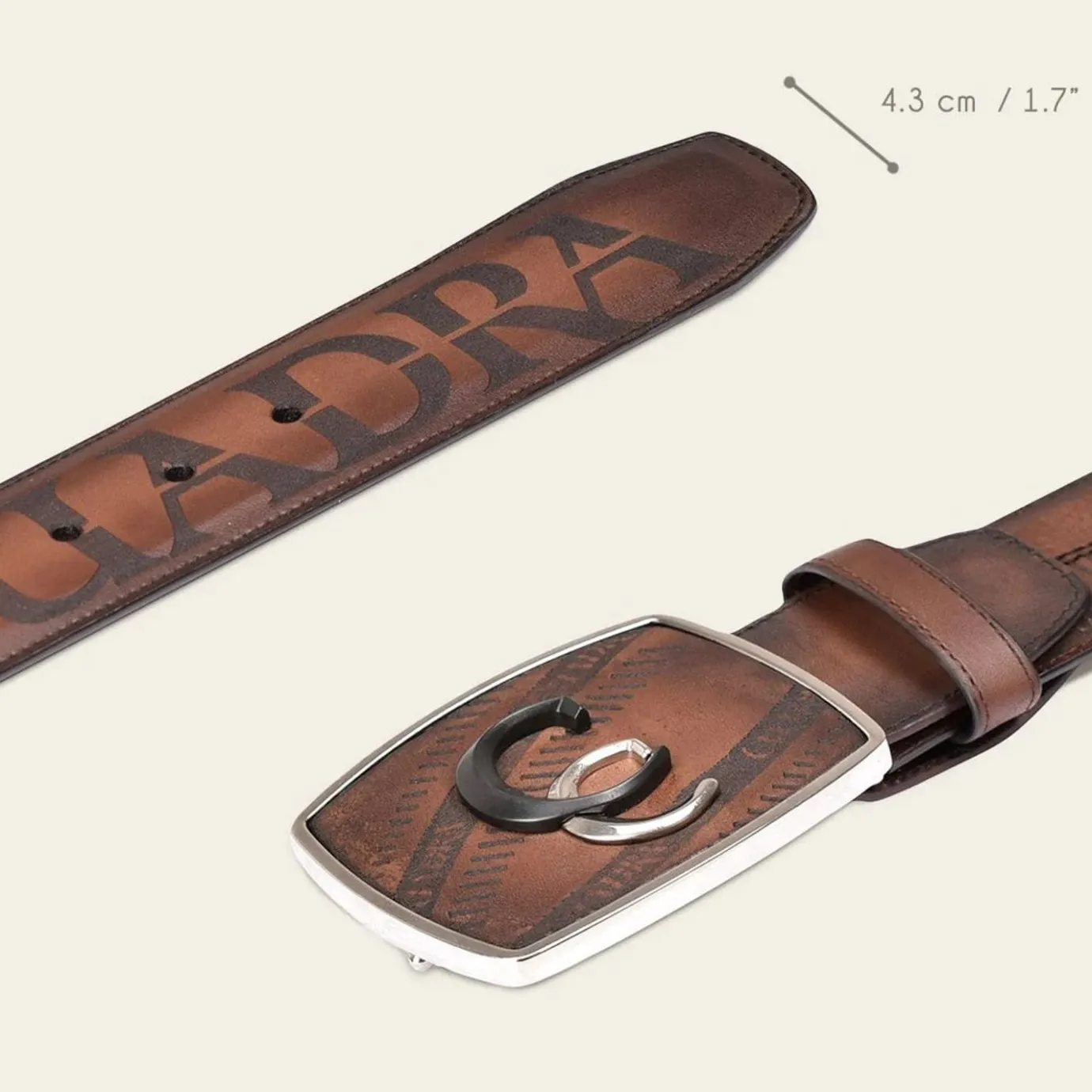 Men Cuadra Belts-Engraved Honey Brown Leather Western Belt With Black And Silver Monogram