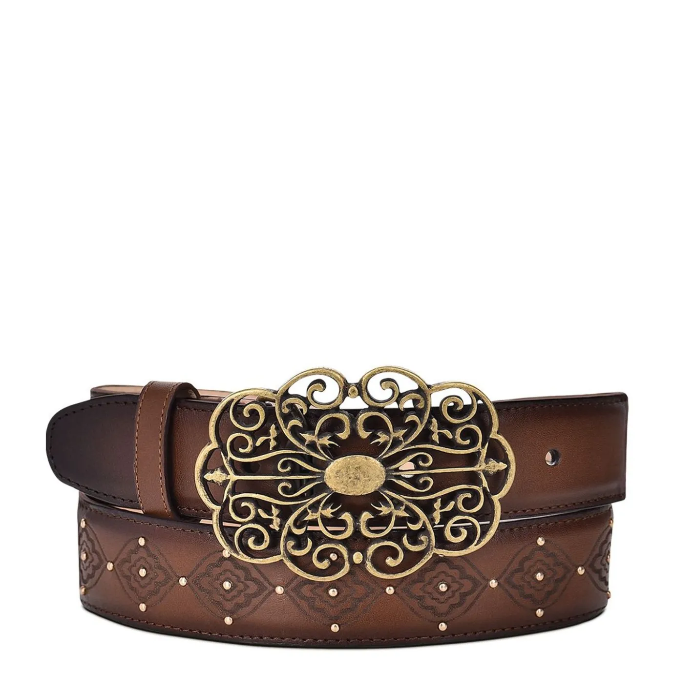 Women Cuadra Belts-Engraved Honey Leather Western Belt