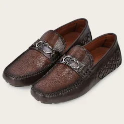 Men Cuadra Loafers & Driving Shoes-Exotic Brown Leather Driver With Interwoven Detail