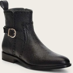 Women Cuadra Ankle Boots & Booties-Genuine Deer Black Leather Bootie With Buckle