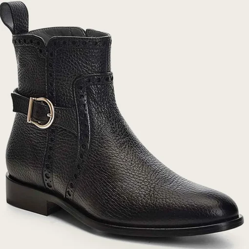 Women Cuadra Ankle Boots & Booties-Genuine Deer Black Leather Bootie With Buckle
