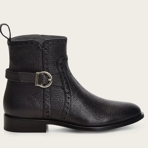 Women Cuadra Ankle Boots & Booties-Genuine Deer Black Leather Bootie With Buckle