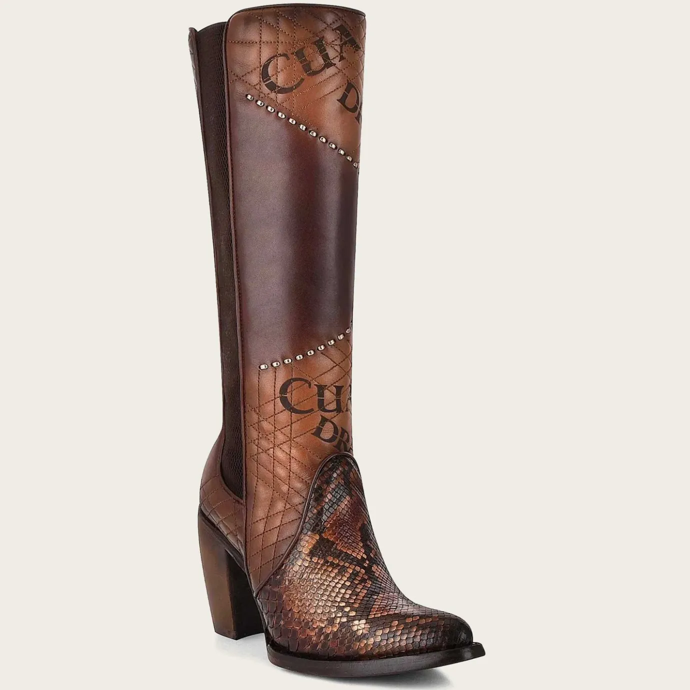 Women Cuadra Tall & Knee-High Boots-Genuine Python Brown Leather Boot With Laser Engraved Details
