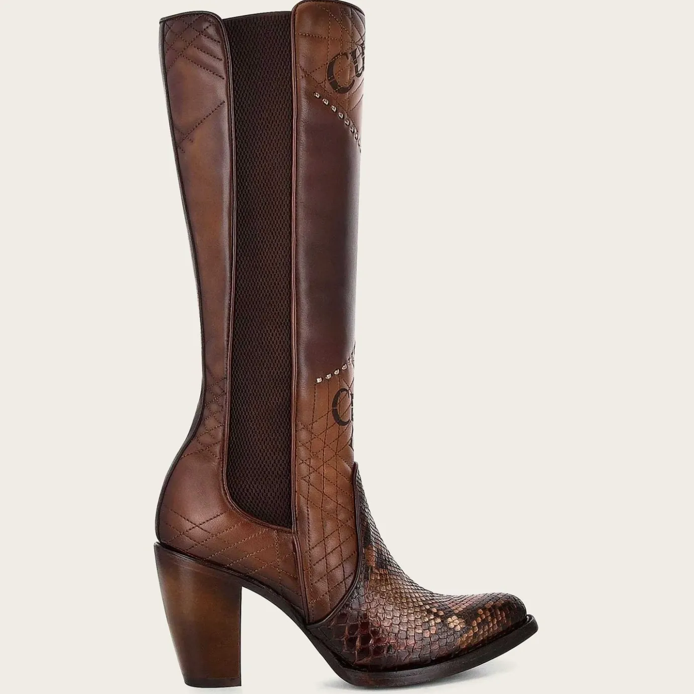 Women Cuadra Tall & Knee-High Boots-Genuine Python Brown Leather Boot With Laser Engraved Details