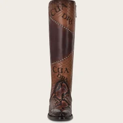 Women Cuadra Tall & Knee-High Boots-Genuine Python Brown Leather Boot With Laser Engraved Details