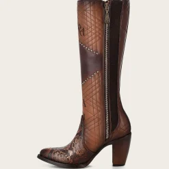 Women Cuadra Tall & Knee-High Boots-Genuine Python Brown Leather Boot With Laser Engraved Details