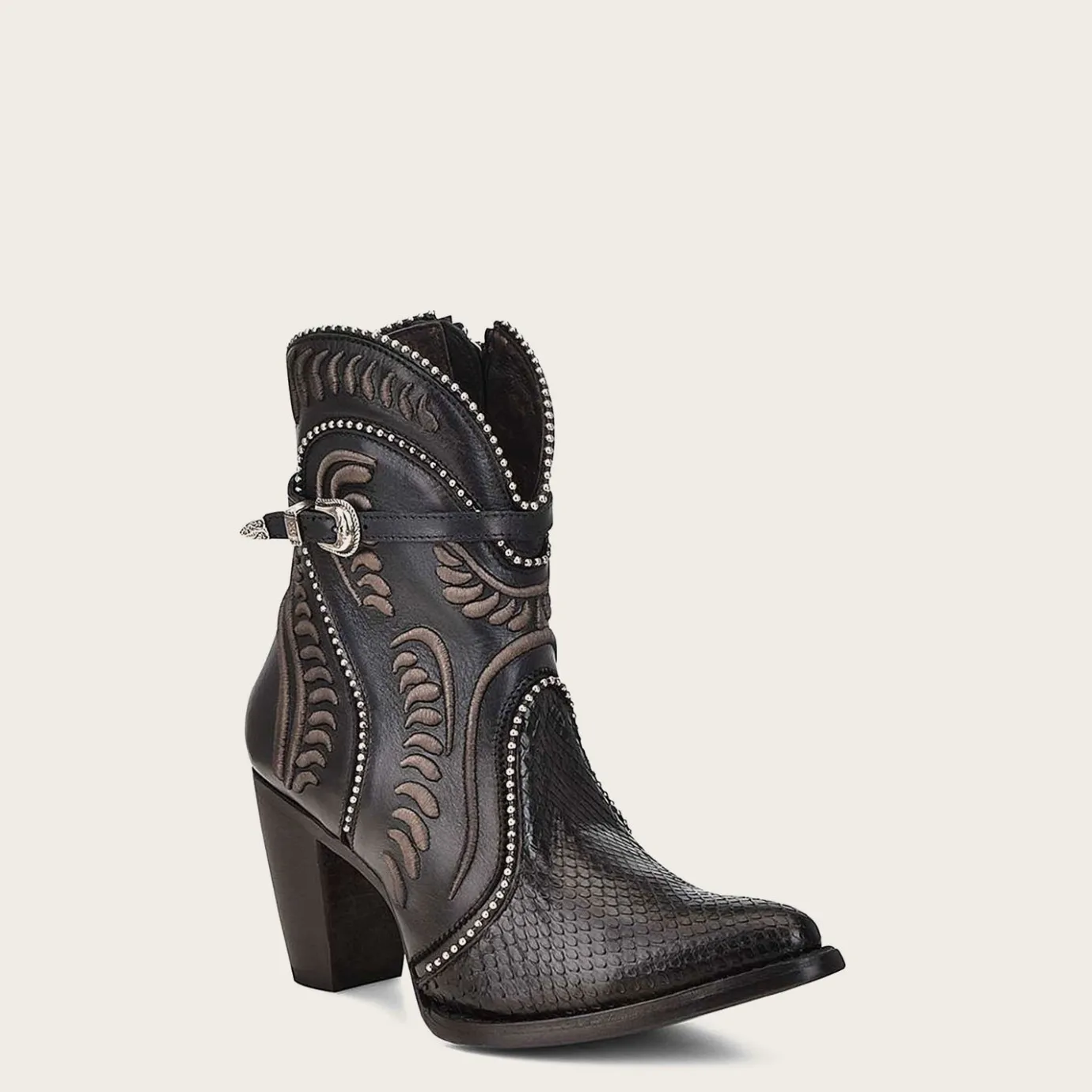 Women Cuadra Ankle Boots & Booties-Genuine Python Embroidered Black Leather Bootie