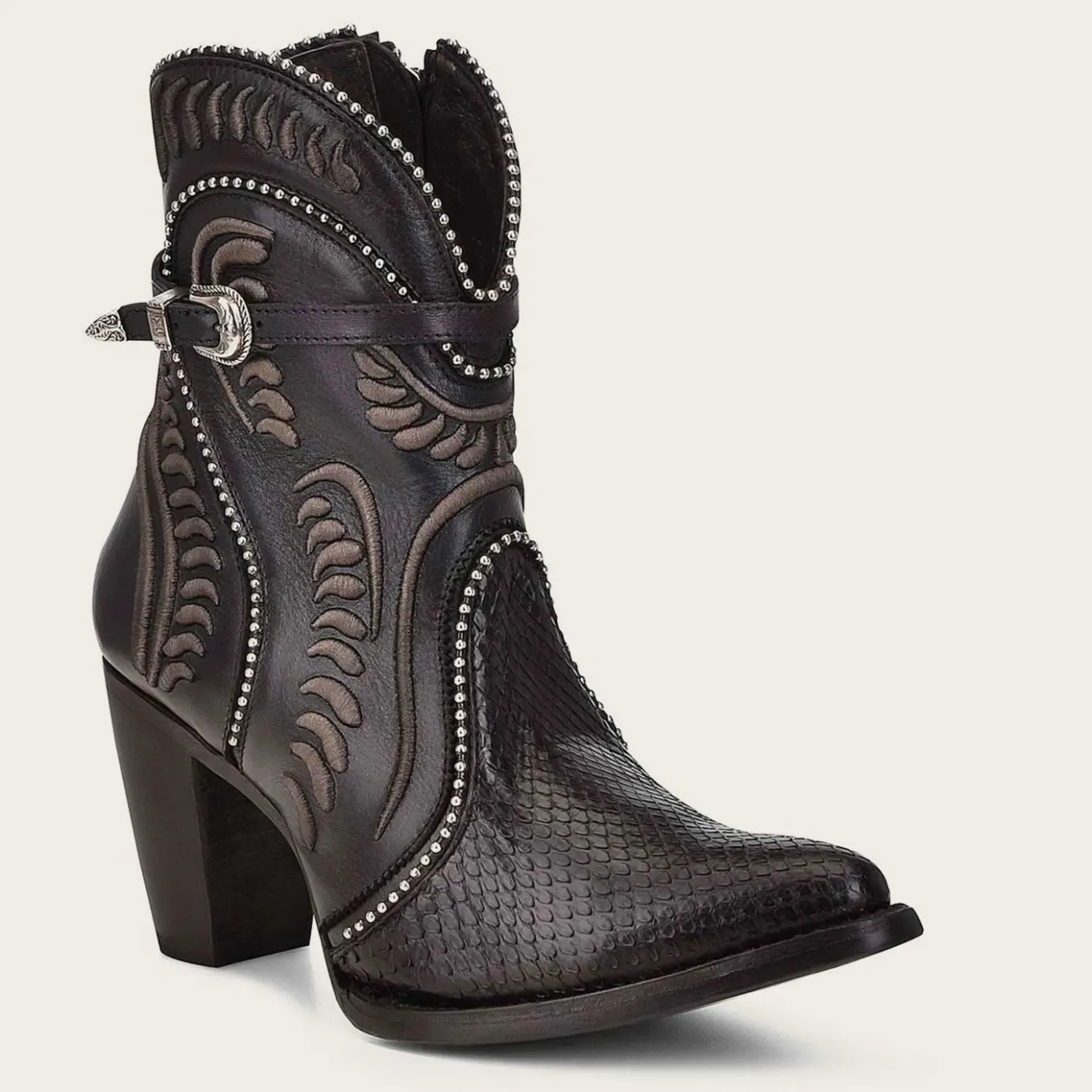 Women Cuadra Ankle Boots & Booties-Genuine Python Embroidered Black Leather Bootie
