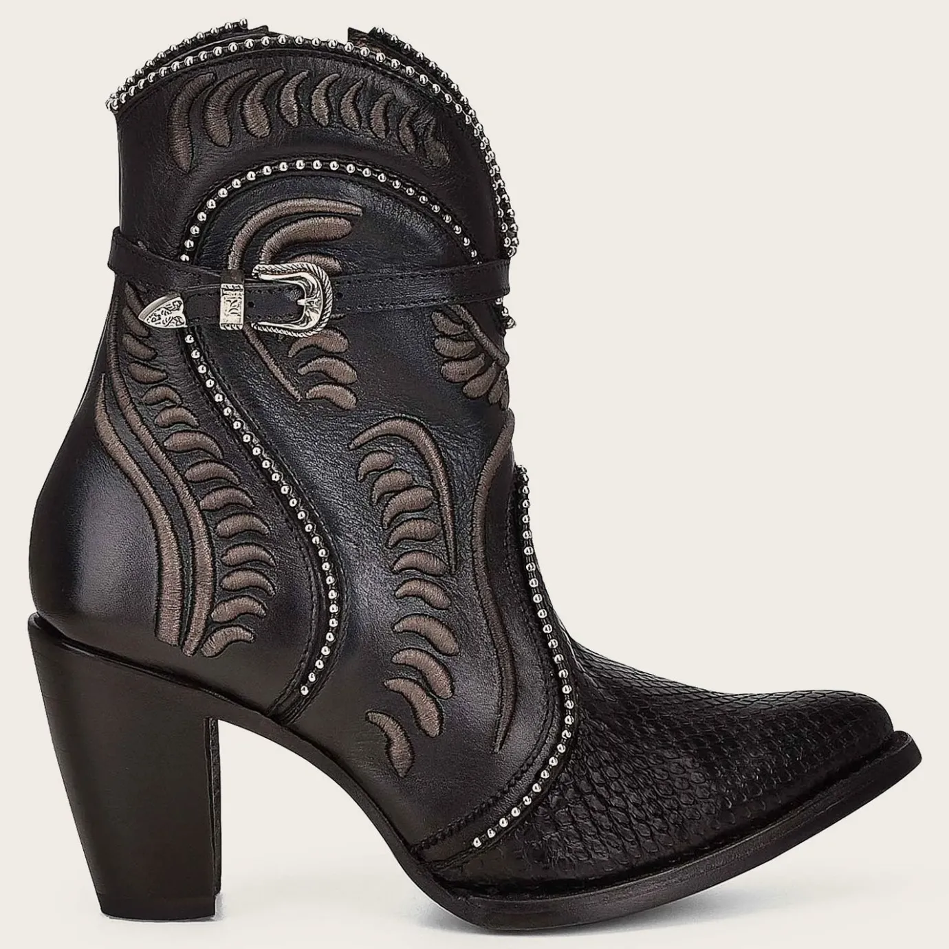 Women Cuadra Ankle Boots & Booties-Genuine Python Embroidered Black Leather Bootie