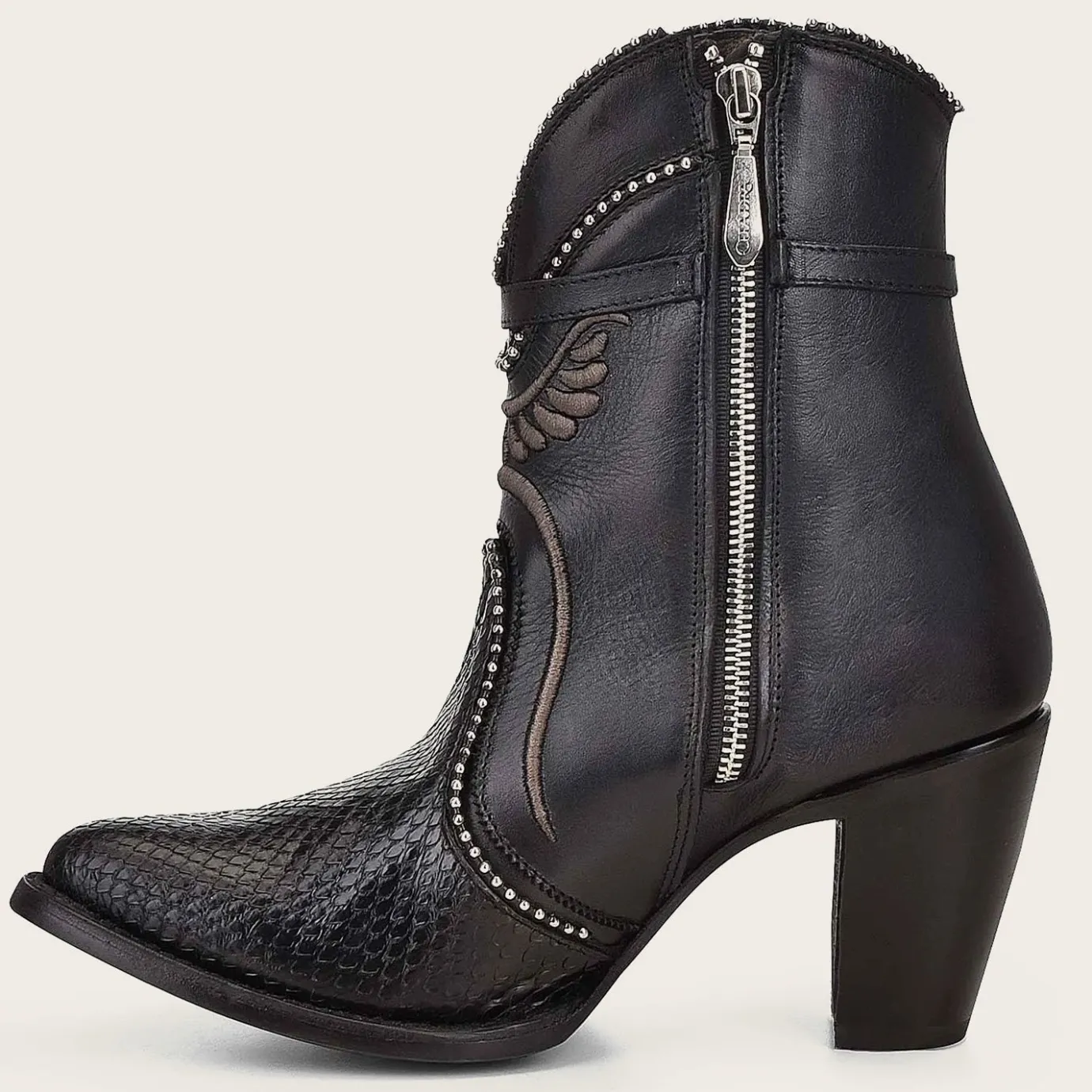 Women Cuadra Ankle Boots & Booties-Genuine Python Embroidered Black Leather Bootie