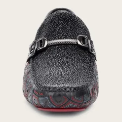 Men Cuadra Loafers & Driving Shoes-Genuine Stingray Embroidered Black Leather Driver
