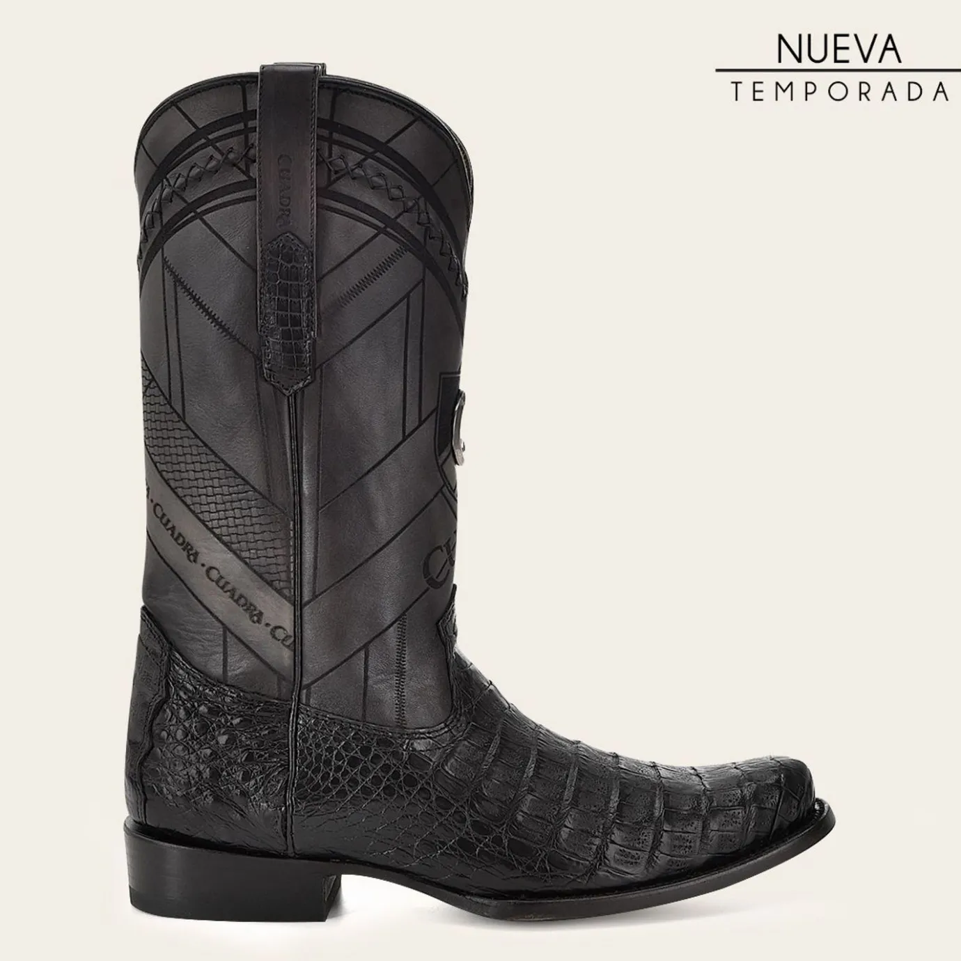 Men Cuadra Western Boots-Geometrical Engraved Black Cayman Leather Boot