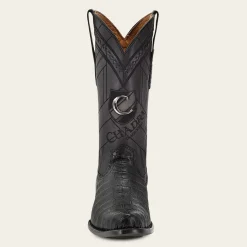 Men Cuadra Western Boots-Geometrical Engraved Black Cayman Leather Boot