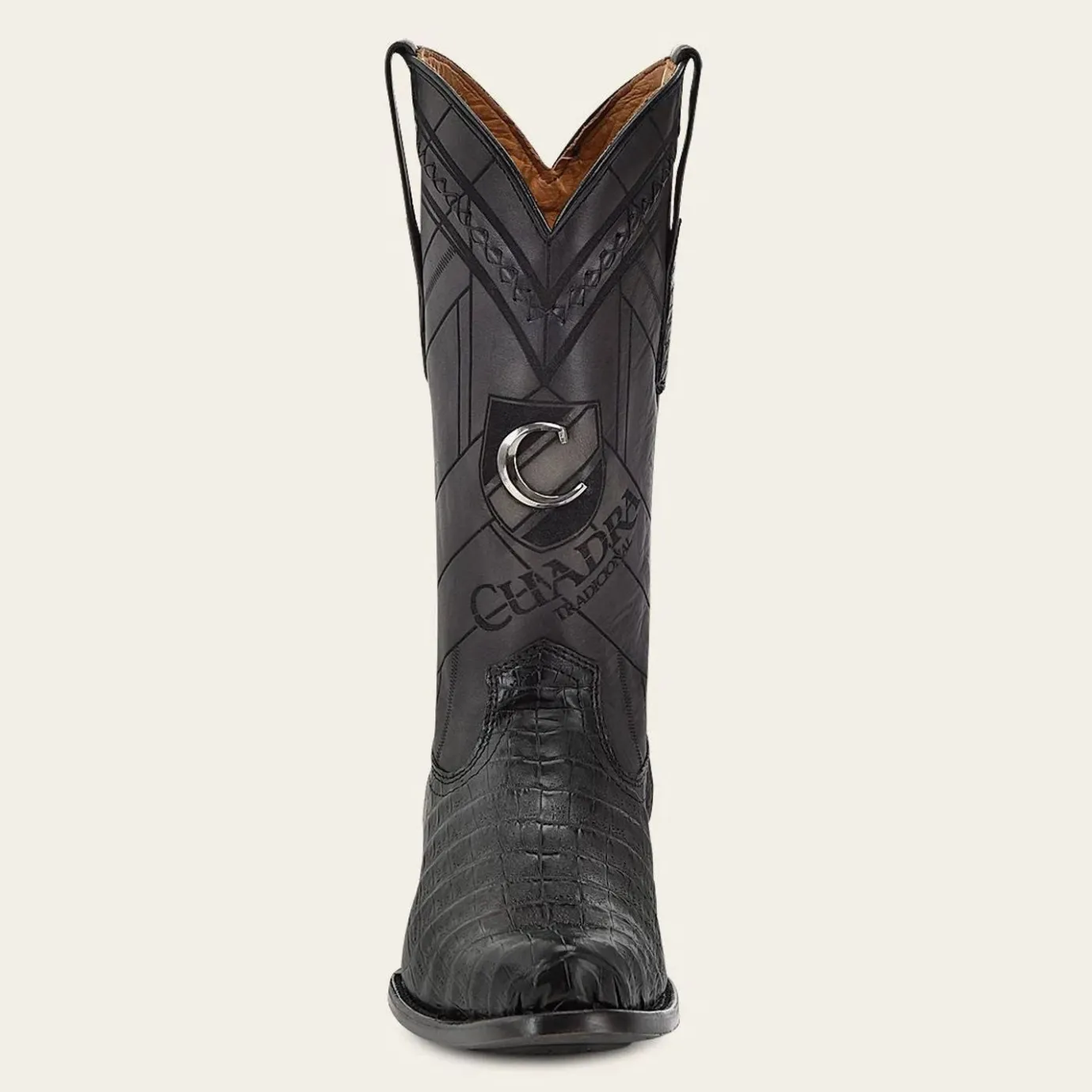 Men Cuadra Western Boots-Geometrical Engraved Black Cayman Leather Boot