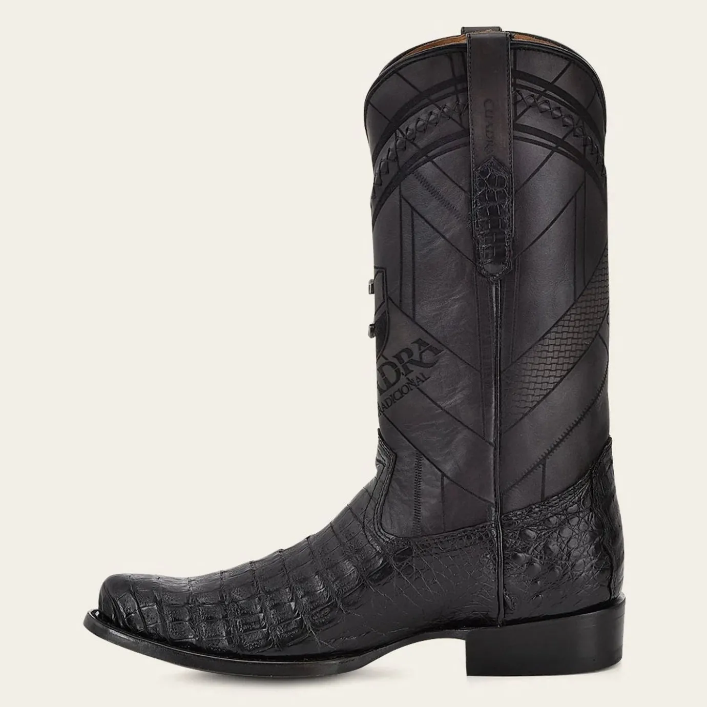 Men Cuadra Western Boots-Geometrical Engraved Black Cayman Leather Boot