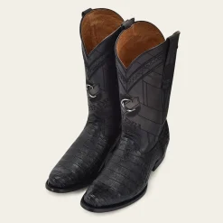 Men Cuadra Western Boots-Geometrical Engraved Black Cayman Leather Boot